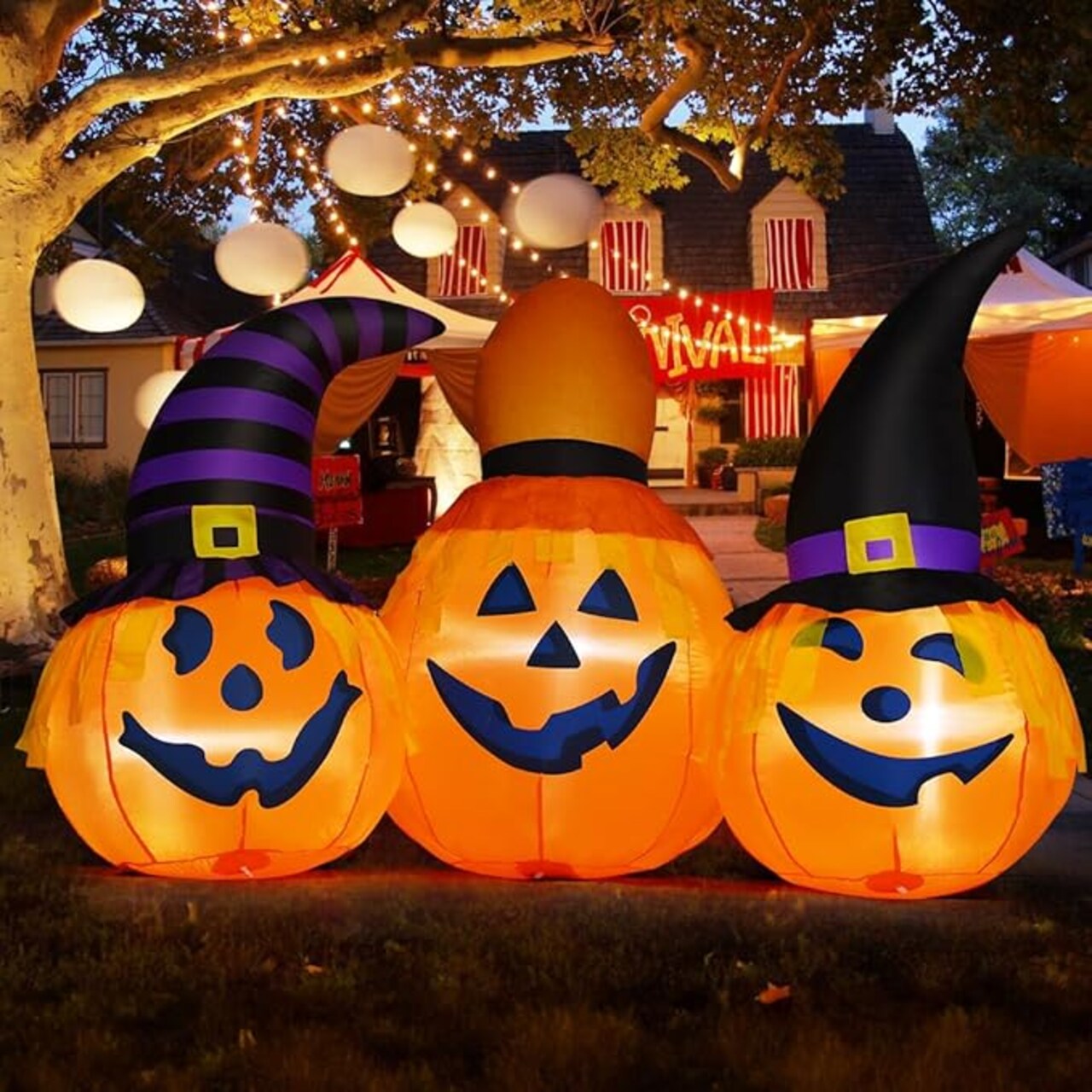 GOOSH 6.5 FT Halloween Inflatables Pumpkin Combo with Wizard hat Blow Up Yard Decoration with LED Lights Built-in